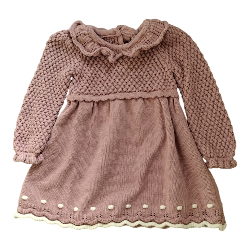 Baby Girl Knit Mauve Pink Ruffle Collar Dress